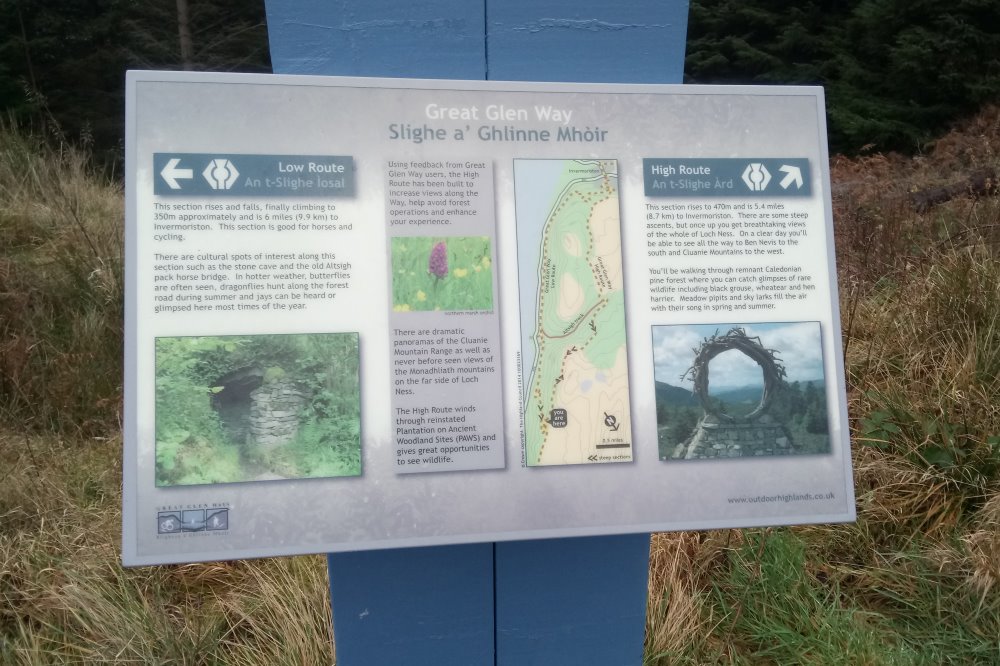 Signpost for high route and low route on the Great Glen Way