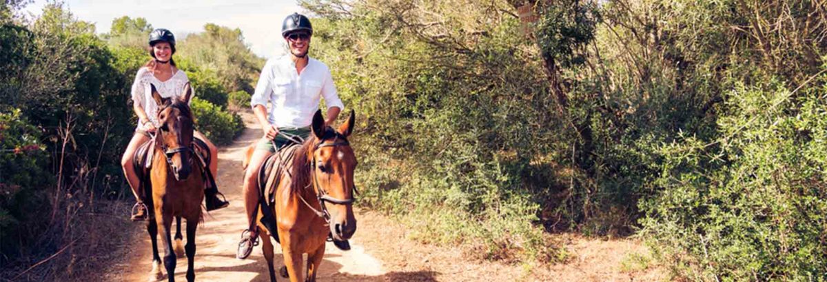 A couple on horseback on a sunny day